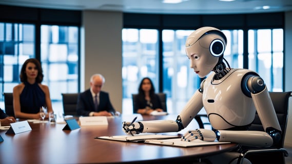 AI note taking tools capturing meeting notes in a professional boardroom setting with business executives.