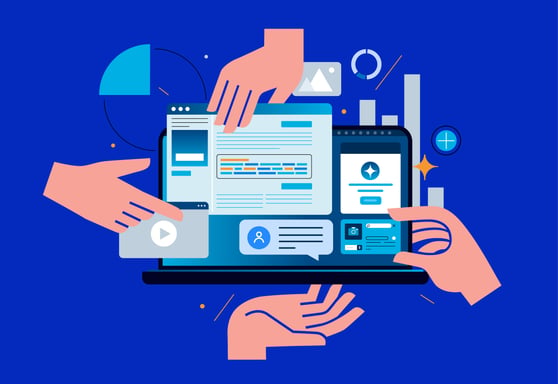 Illustration of hands arranging website layouts across a laptop, tablet, and smartphone.