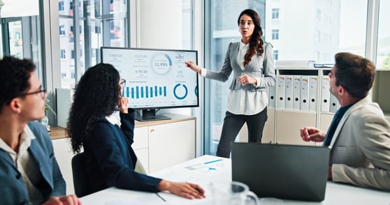 Presentation, woman and discussion for data, business and collaboration