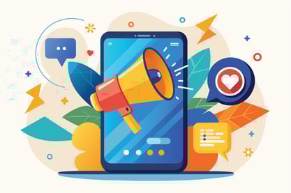  Illustrated mobile marketing guide showing a smartphone with a megaphone and social engagement icons.