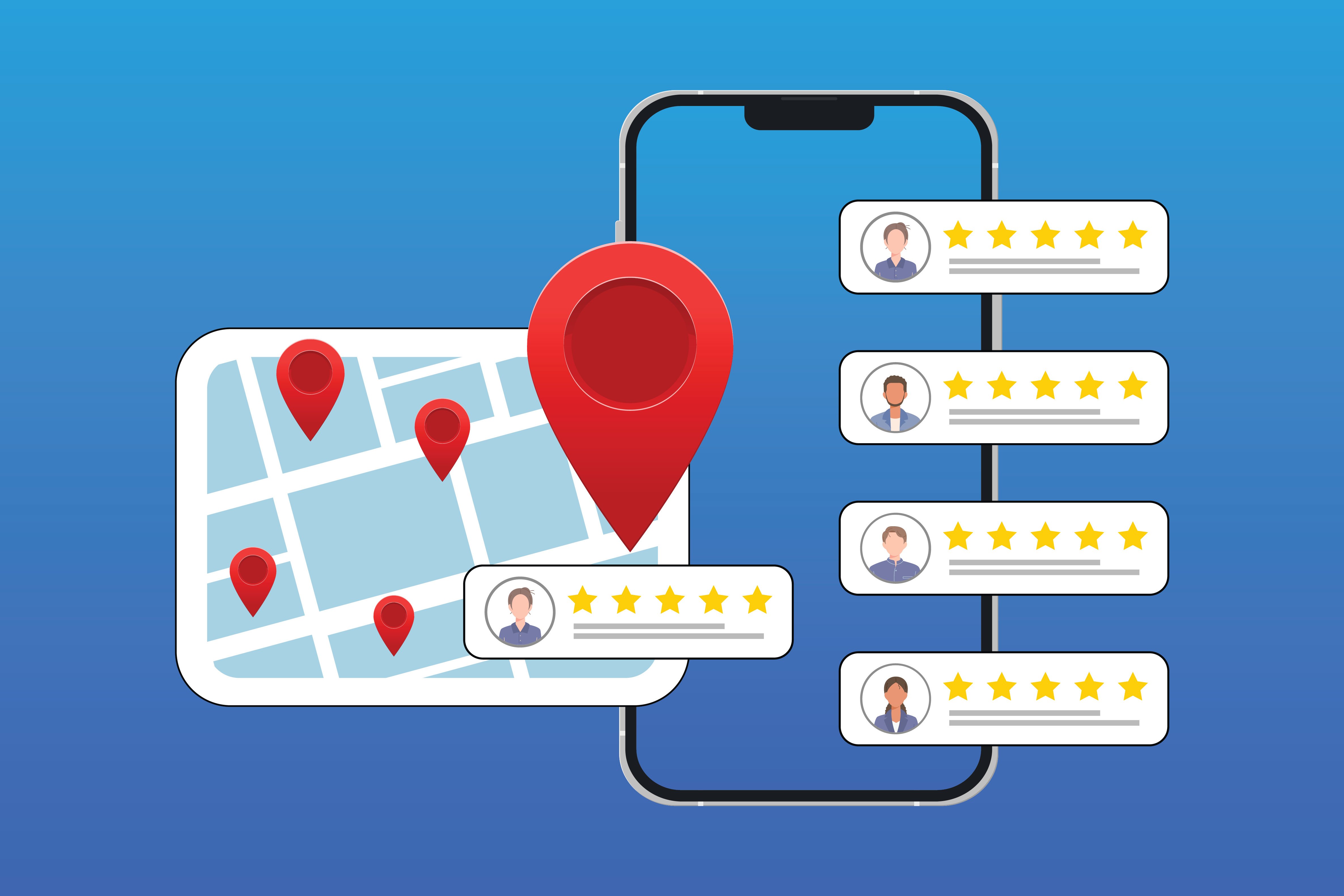 Guide to local SEO illustration showing map pins on mobile and customer review star ratings.