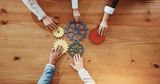 Business people, hands or cogs with gears for team building or problem solving.