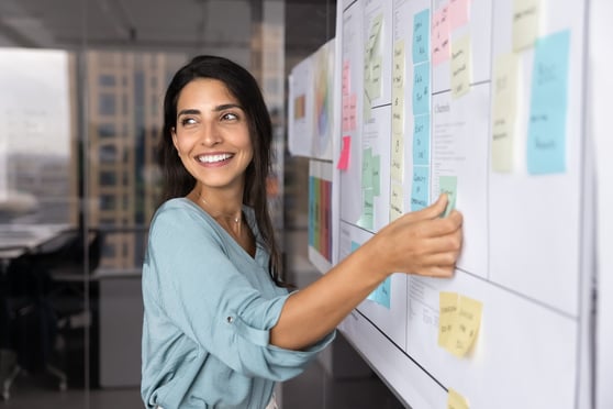 Professional woman placing sticky notes on large planning board, engaged in strategic planning, creative brainstorm session