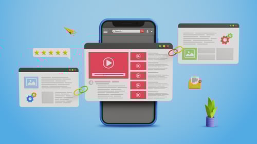 Guide to local SEO illustration with website pages, backlinks, star ratings and mobile search elements.