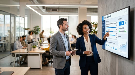 Business Team Reviewing AI Agent Dashboard in Corporate Office