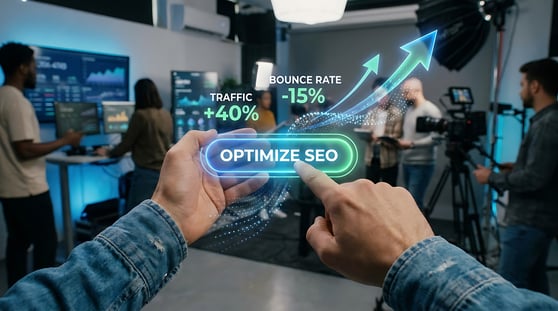 Hands interacting with virtual SEO optimization interface in a modern office
