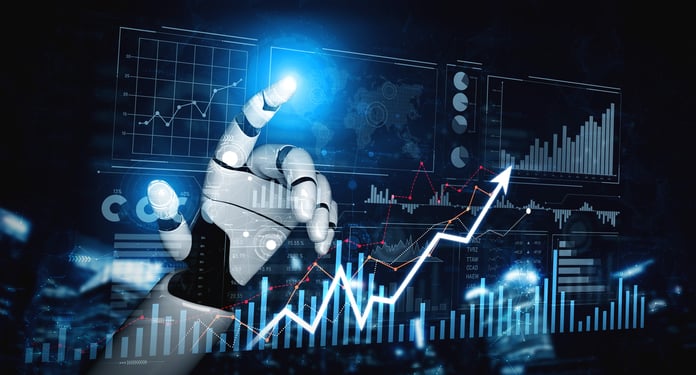 Robotic hand interacting with digital analytics dashboards and rising performance charts.