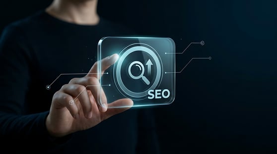 A businesswoman using a futuristic display to analyze search engine optimization