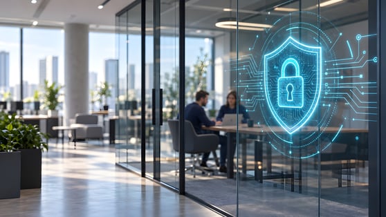 Glowing digital security shield on a glass wall in a modern corporate office