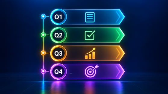 Illuminated quarterly business report infographic displaying strategic financial planning milestones