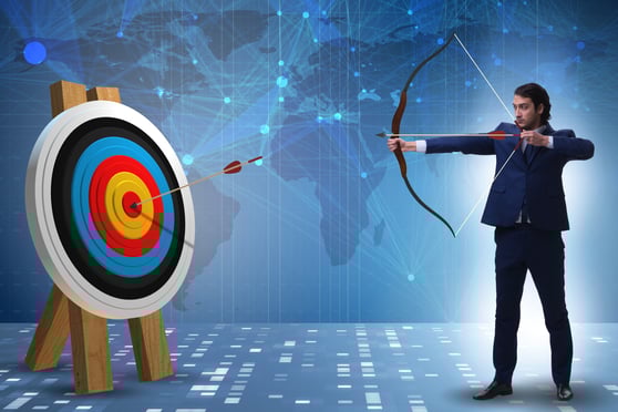 Business professional aiming an arrow at a target with a global data background, representing competitive analysis, market research, and identifying strategic opportunities.