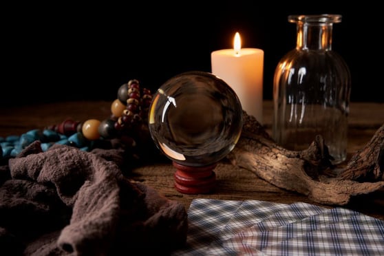 Concept of fortune-telling on a wooden table.