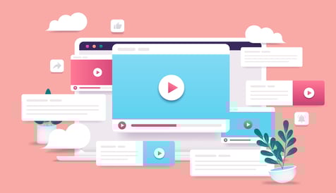 Illustration of digital videos and icons representing how to use video marketing for blog engagement.