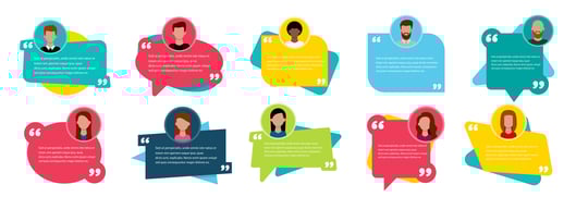 Customer testimonials in colorful speech bubbles, highlighting the importance of trust signals in converting website visitors into leads.