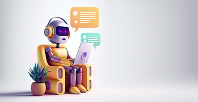 Robot using a laptop to chat with website visitors, highlighting the role of chatbots in converting website visitors into leads.