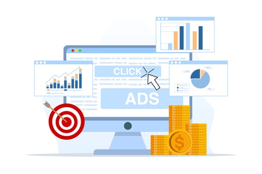 Paid search tactics visual showing click ads, ROI metrics, and financial growth with digital performance graphs.