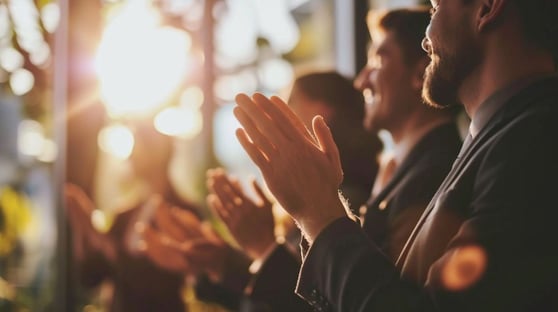 People clapping in a sunny indoor space.