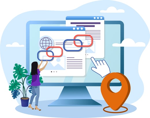 Visualizing backlinking for SEO as links are connected across web pages on a computer screen.