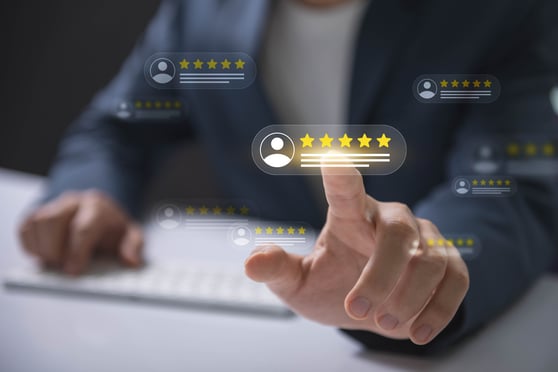 Customer feedback and review good rating concept, person interacting with floating digital 5-star customer reviews