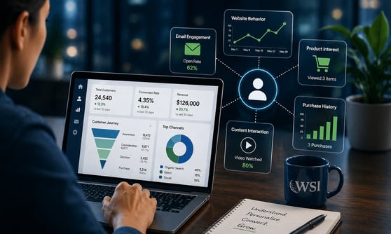 Professional working on a laptop displaying marketing analytics dashboards, with visual data signals like customer behavior, email engagement, and purchase trends connected to a central user profile, representing how first-party data informs business decisions.