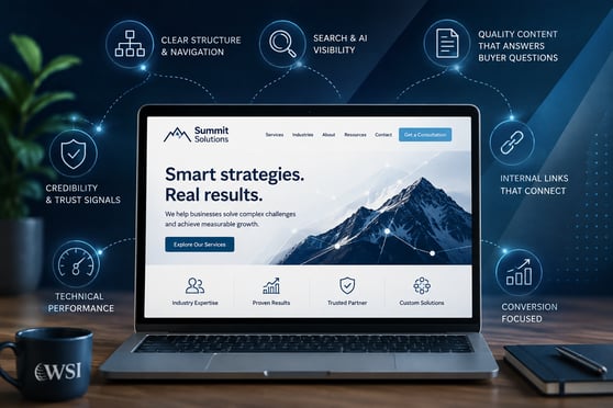 AI-ready website design shown on a laptop with key search, content, trust, performance, and conversion signals.