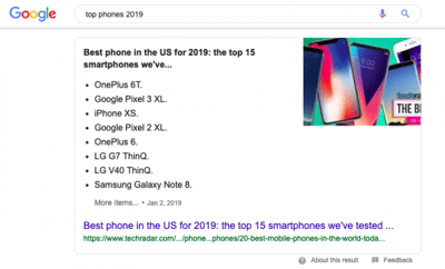 Google SERP for "Top Phones 2019".