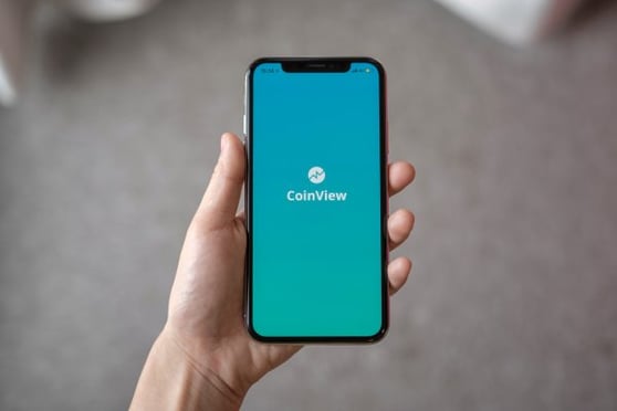 Hand holding a phone, with the CoinView app open.