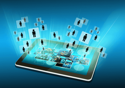 Graphic of a tablet, with icons of people zooming into it.