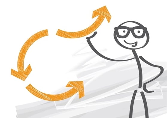 Drawing of a cartoon person, with a a series of arrows around them.