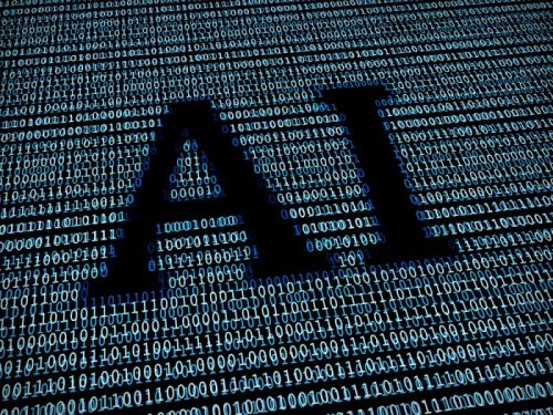 Graphic with AI on the forefront, with a background full of ones and zeroes.