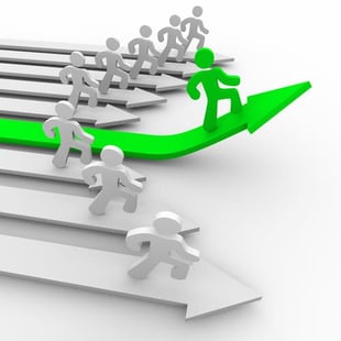 Graphic of various figures standing on arrows, with figure in green shooting upward.