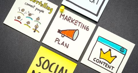 5 sticky notes on a back background, the middle one says Marketing Plan.