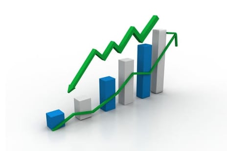 Graphic of bar chart, with trend line climbing upward.