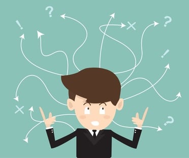 Graphic of a confused-looking man with lots of arrows floating around his head.