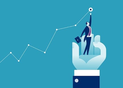 Graphic of man standing in a giant cupped hand, reaching for the high point of a graph.