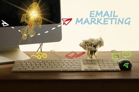 Image of a computer screen on a desk, with a rocketship taking off and Email Marketing written on the right.
