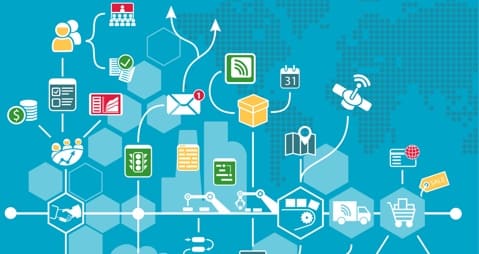 Graphic of different marketing automation icons in a blue background.