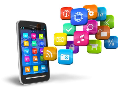 Graphic of a cell phone, with a lot of social icons floating around it.