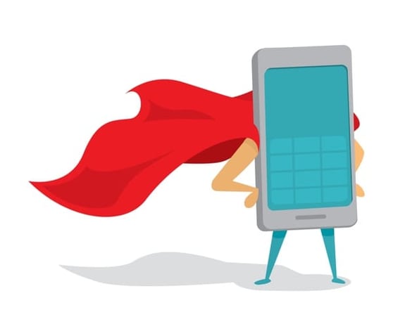 Graphic of a cell phone with arms, legs, and a red superhero cape.