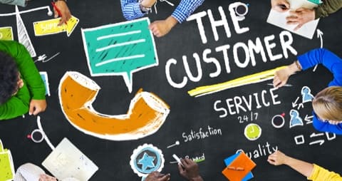 Blackboard drawing with The Customer written in the centre and various icons around it.