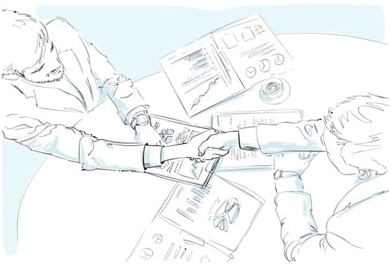 Drawing of a person sitting at a table, with papers on it.