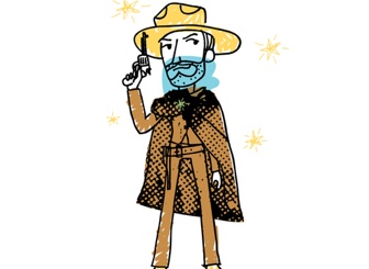 Cartoon image of man dressed as gunslinger.