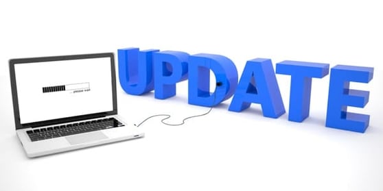 Graphic of a laptop plugged into a large blue banner that says Update.