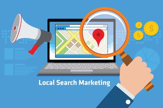 Graphic of a person holding a magnifying glass, with a laptop saying Local Search Marketing.