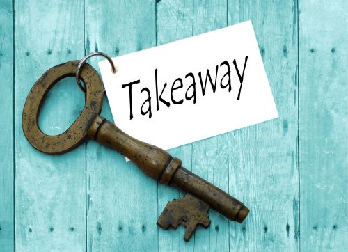 Image of a old key, with a tag that says Takeaway on it.