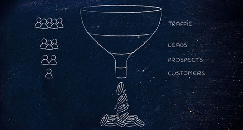 Drawing of a funnel, with coins coming out of the bottom.