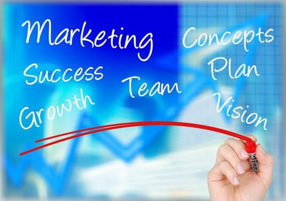 Picture of person drawing with a red marker, with the words Marketing, Success, Growth in the background.