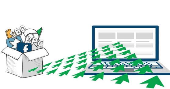 Computer screen with various arrows driving towards the screen.