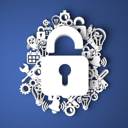 Image of a white padlock surrounded by security icons in a blue background.