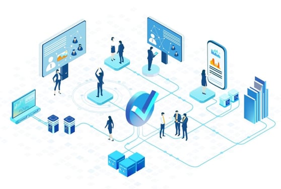Business people working in server room